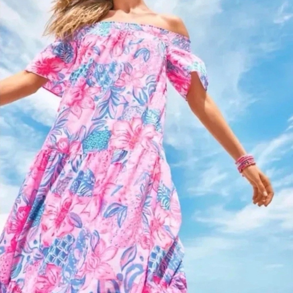 $208 NEW Lilly Pulitzer DEZI OFF THE SHOULDER Maxi Dress Pink Isle Turtle MEDIUM